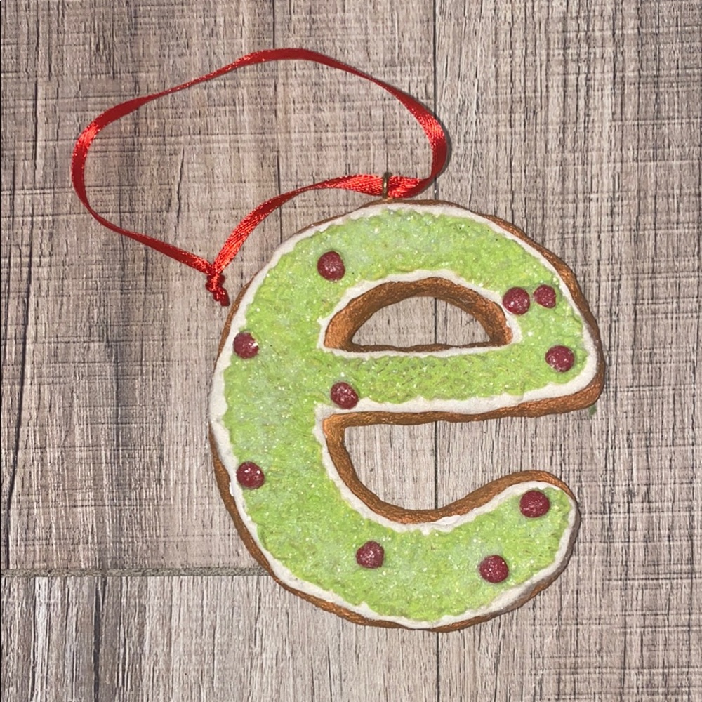 Green and Red “e” initial cookie Holiday Ornament